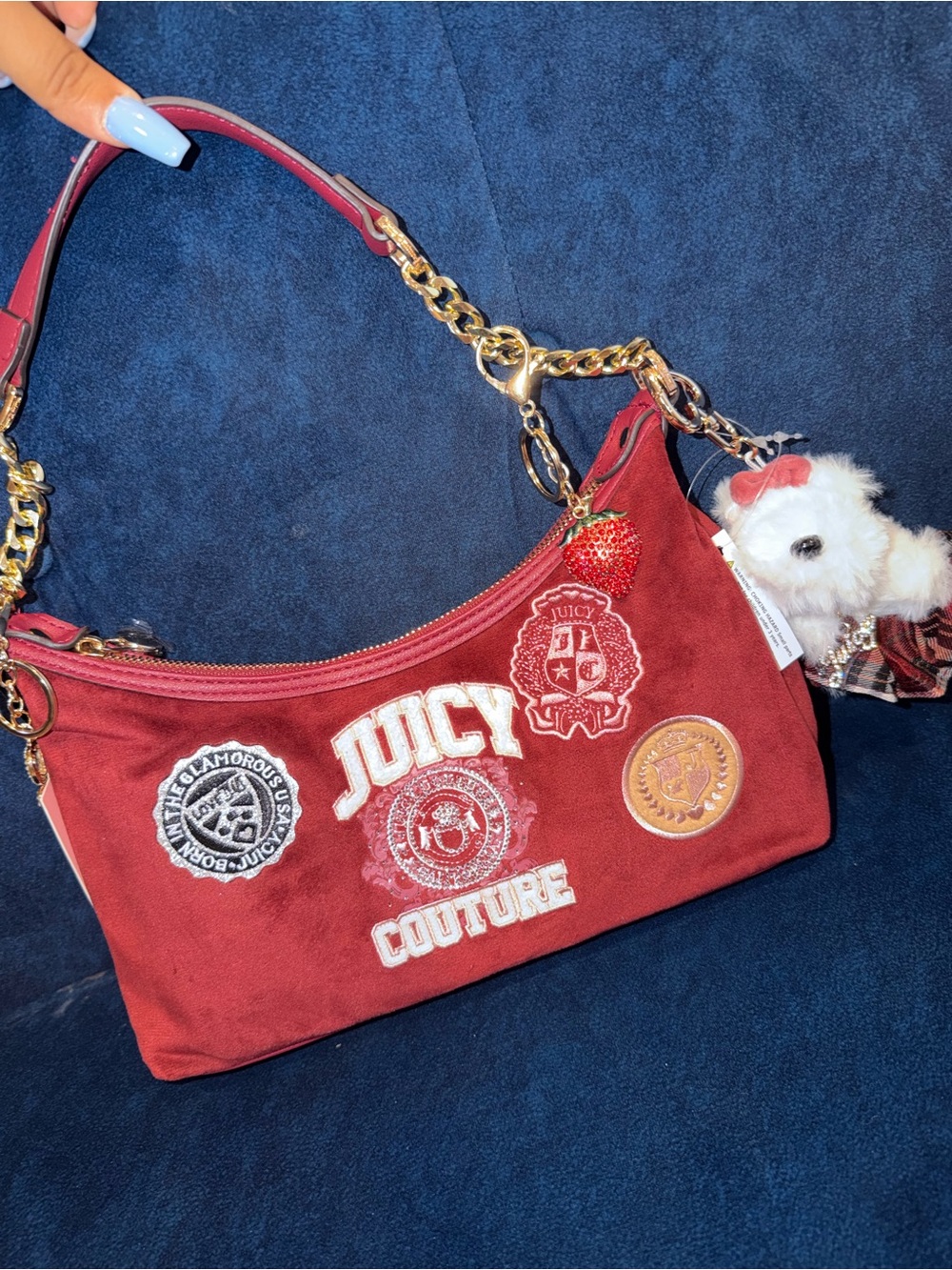 Juicy Couture Burgundy Patch-Embroidered Shoulder Bag with Strawberry Charm